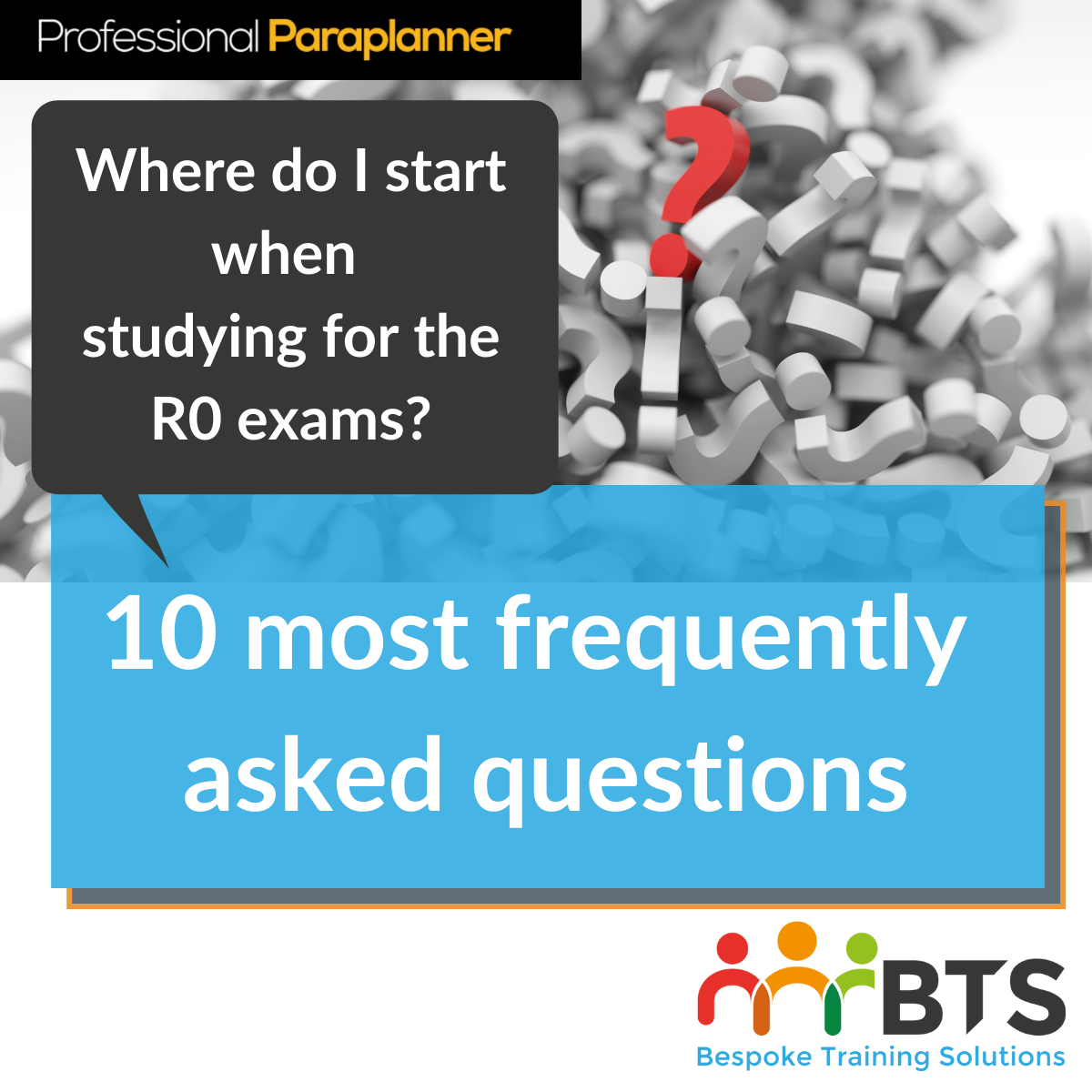Images of question marks with the text, 10 most frequently asked questions about the R0 exams